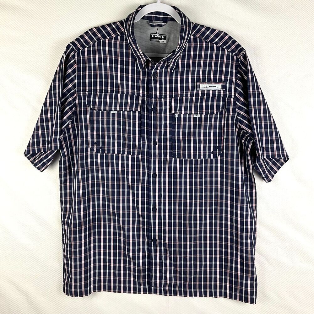 Habit Men's L Vented Fishing Shirt UV 40 Blue Fish Finder Peacoat Plaid